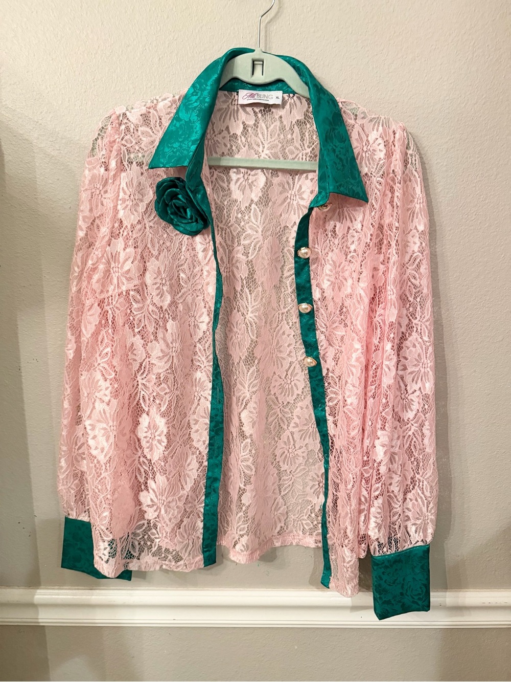 Lace Contrast-Trim Ms Bling Shirt in Blush Pink and Green Pearl Buttons